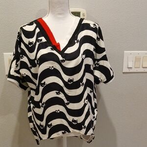 Women's Woven Cat Print Elbow Sleeve V Neck Asymmetrical Hem Striped Blouse XL